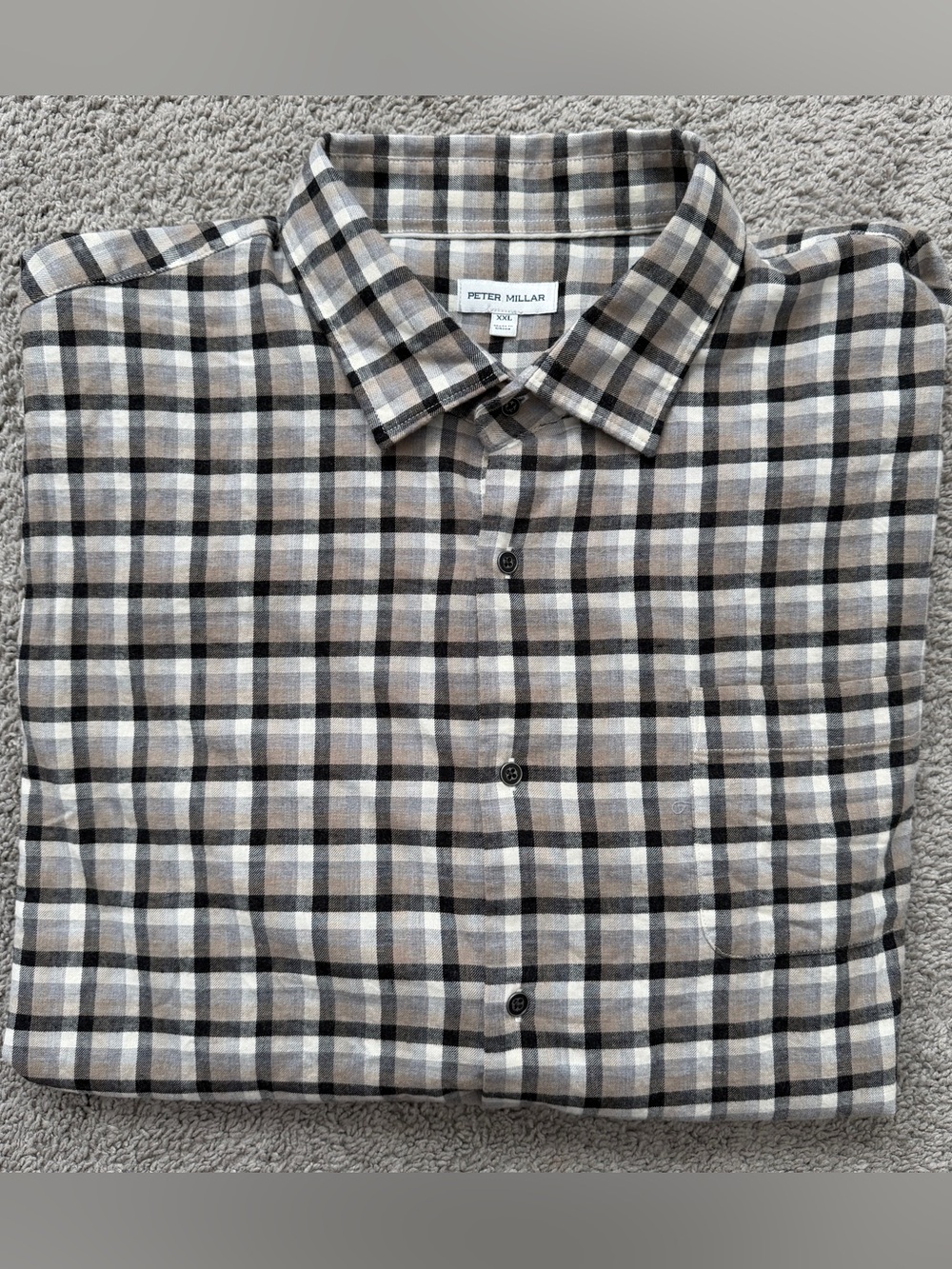 Peter Millar Crown Mens 2XL Light Flannel Sport Shirt Black Tan Plaid